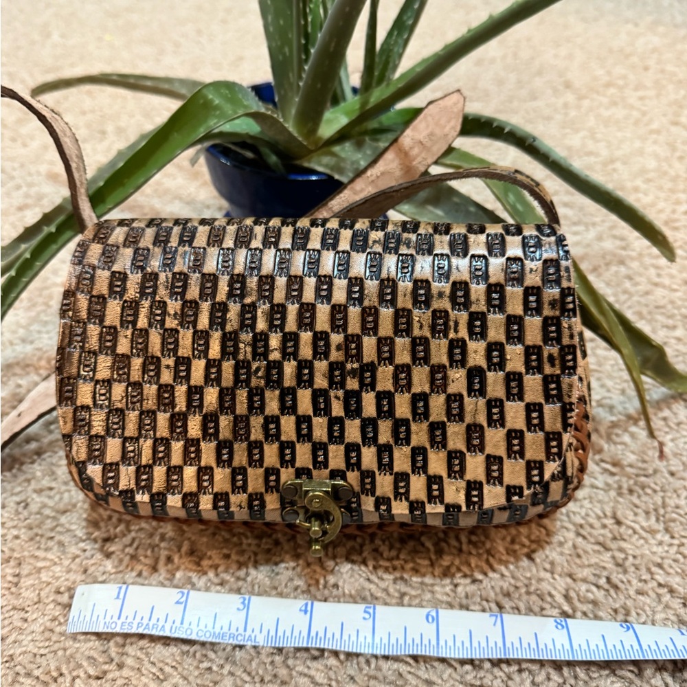 Tan and Black Woven Mini Bag with Flap Closure